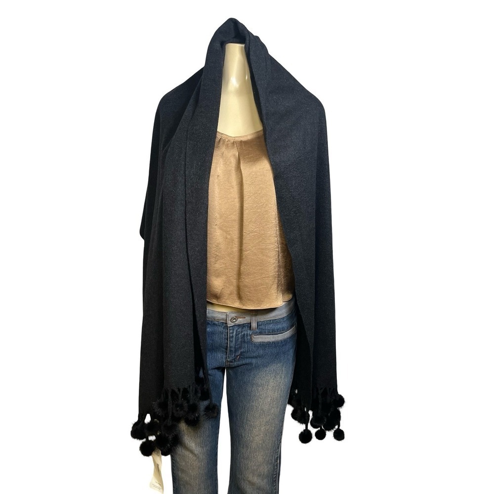 100% Pure Cashmere Wrap Scarf Fur Pom Pom Trim Black Shawl 72x27 OS - Picture 2 of 7